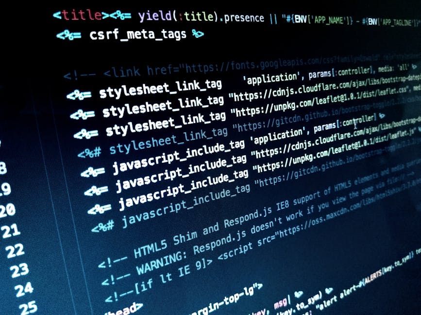 Close-up view of a computer screen displaying lines of HTML, CSS, and JavaScript code in a dark environment with a blue hue. The code includes stylesheet links, script include statements, and comments